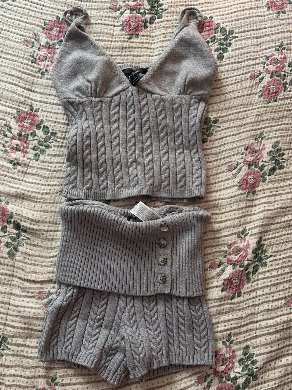 Gray Cable-Knit Women's Short Set and Black Cable-Knit Top